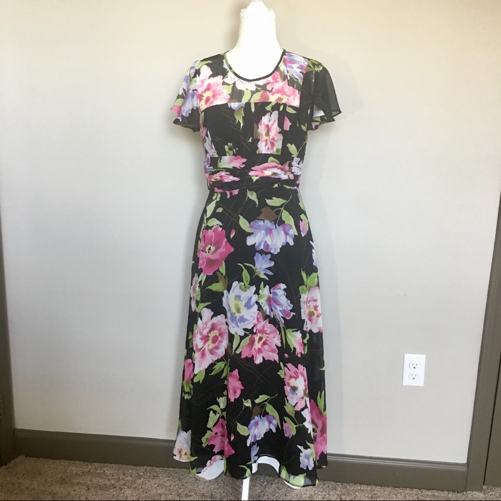 90’s Bahari Sz 10 Black Pink Floral Maxi Dress